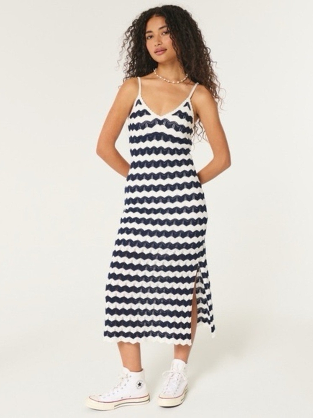 Hollister Navy and White Striped Knit Midi Slip Dress
